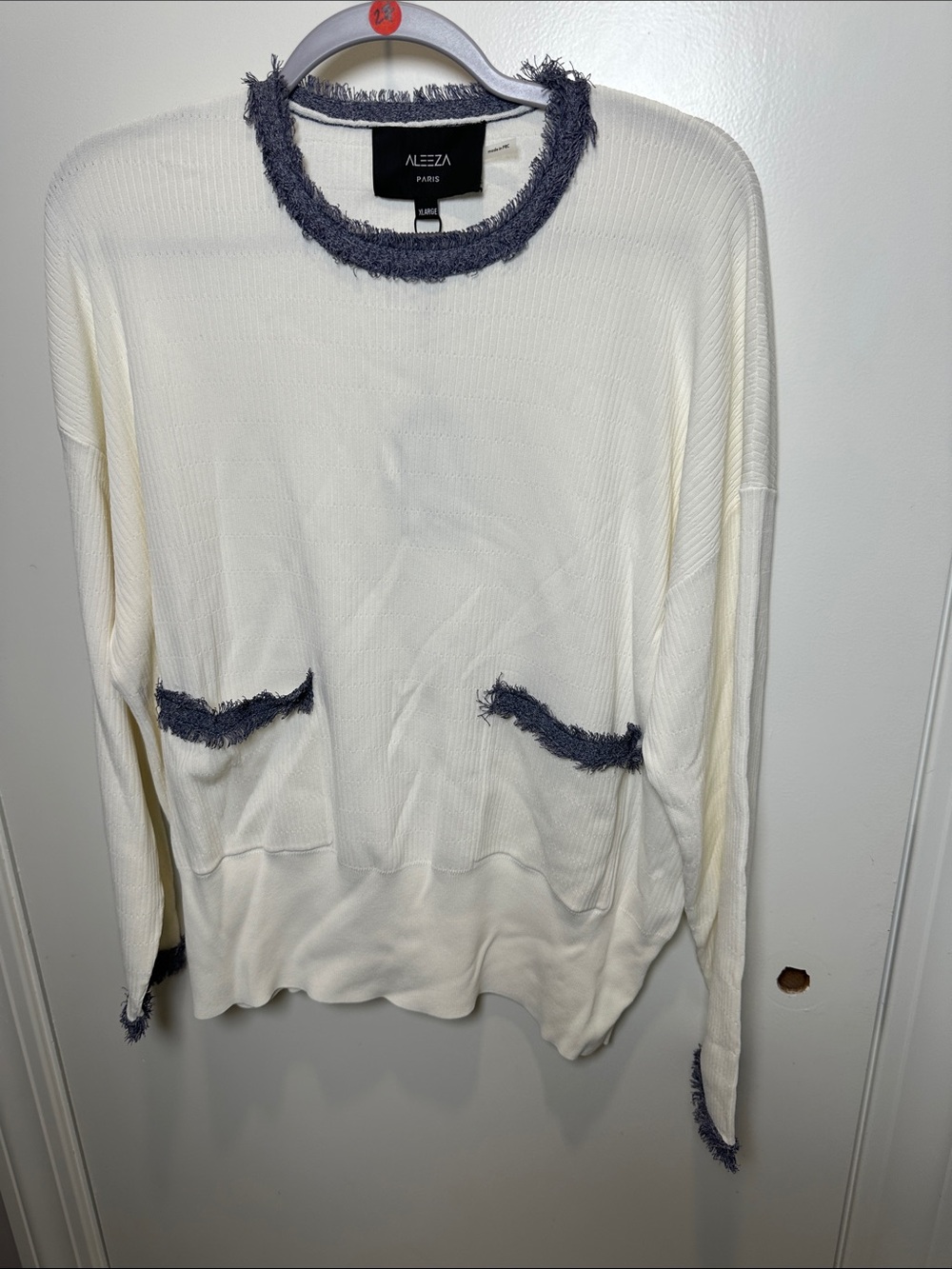 Alezia Paris Cream Crewneck Sweater with Navy Fringe Trim (50)